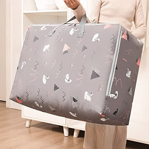 Wolpin Non-Woven Extra Large Size Underbed Storage Bag Waterproof (58 X 40 X 23 Cm) - Zippered Closure & Handle Swan Print, Rectangular