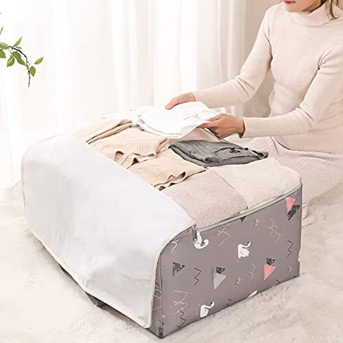 Wolpin Non-Woven Extra Large Size Underbed Storage Bag Waterproof (58 X 40 X 23 Cm) - Zippered Closure & Handle Swan Print, Rectangular