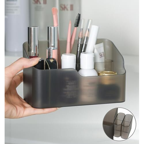 Wolpin Cosmetic Storage Box Makeup Lipstick Makeup Brush Organiser Stand Frosted Case Dressing Table Bathroom Organiser With Removebale Grid Box (16.5 X 8.5. X 10 Cm), Gray, Plastic