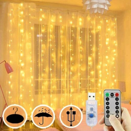 One94Store Fairy Curtain String Lights Warm White 300 Led With 8 Modes Remote Control, Adjustable Brightness And Usb Plug For Indoor Outdoor Decoration (Warm White Color, 3 X 3 Meter) Plastic
