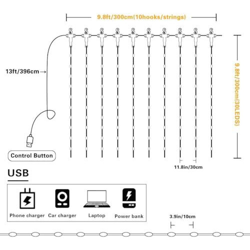 One94Store Fairy Curtain String Lights Warm White 300 Led With 8 Modes Remote Control, Adjustable Brightness And Usb Plug For Indoor Outdoor Decoration (Warm White Color, 3 X 3 Meter) Plastic