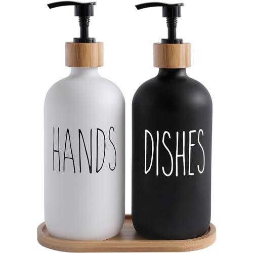 Merayo Soap Dispenser For Kitchen Handwash Dispenser Dish Wash Dispenser Liquid Soap Dispenser For Kitchen Sink Dishwash And Hand Wash Liquid Dispensers Pump With Bamboo Tray, Glass, 17 Ounces