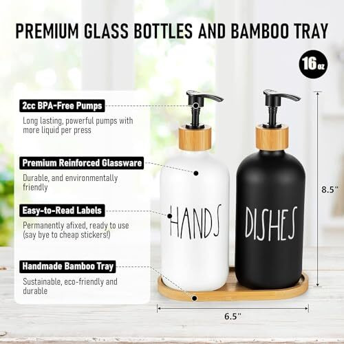 Merayo Soap Dispenser For Kitchen Handwash Dispenser Dish Wash Dispenser Liquid Soap Dispenser For Kitchen Sink Dishwash And Hand Wash Liquid Dispensers Pump With Bamboo Tray, Glass, 17 Ounces