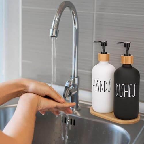 Merayo Soap Dispenser For Kitchen Handwash Dispenser Dish Wash Dispenser Liquid Soap Dispenser For Kitchen Sink Dishwash And Hand Wash Liquid Dispensers Pump With Bamboo Tray, Glass, 17 Ounces