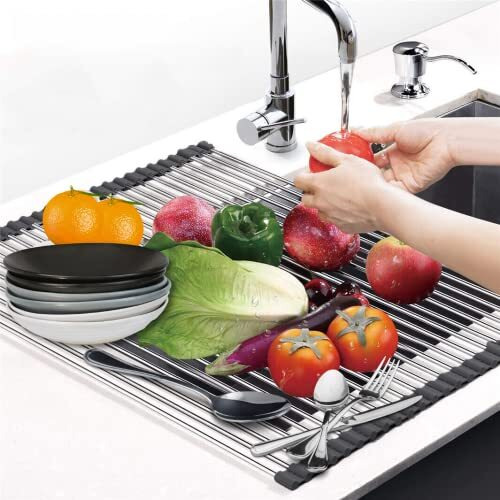 Mohree Over The Sink Grey Dish Drying Rack, Dish Drainer Rack, Roll Up Utensil Drying Rack For Kitchen,Stainless Steel Multipurpose Foldable Dish Plate Big Size For Counter Top Wash