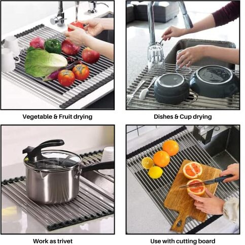 Mohree Over The Sink Grey Dish Drying Rack, Dish Drainer Rack, Roll Up Utensil Drying Rack For Kitchen,Stainless Steel Multipurpose Foldable Dish Plate Big Size For Counter Top Wash
