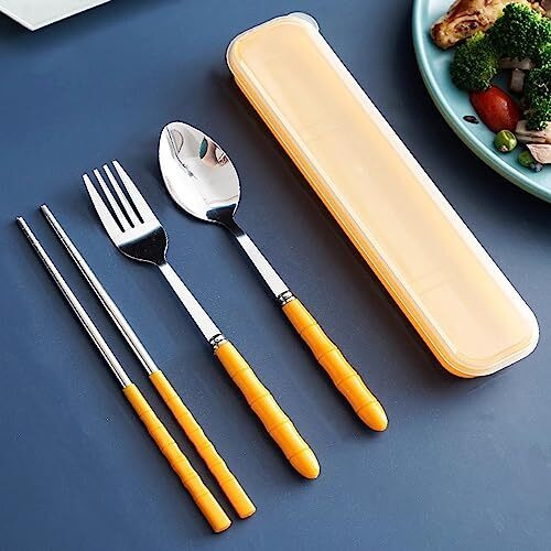 Wolpin Cutlery Set For Lunch Box (Set Of 3 Pcs) Re-Usable Spoon Set Premium Stainless Steel (Spoon, Fork, Chopsticks, Travel Spoon Box) Portable Tableware Men Women Office, Home School Kids, Yellow