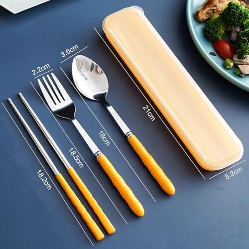Wolpin Cutlery Set For Lunch Box (Set Of 3 Pcs) Re-Usable Spoon Set Premium Stainless Steel (Spoon, Fork, Chopsticks, Travel Spoon Box) Portable Tableware Men Women Office, Home School Kids, Yellow