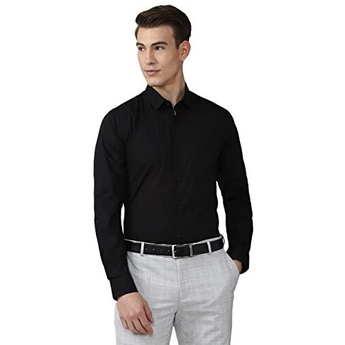 Peter England Cotton Jeans Men's Solid Slim Fit Shirt (Pesfmslb003086_Black 46)