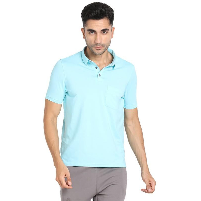 Turtle Men Poly Spandex Melange Blue Half Sleeve Active Solid Polo Tshirt