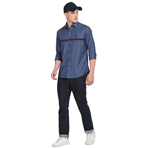 U.S. Polo Assn. Cotton Men's Striped Slim Fit Shirt (Ussht0706_Blue Xl)
