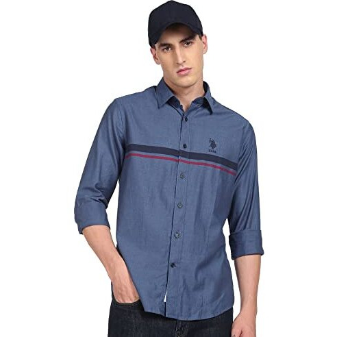 U.S. Polo Assn. Cotton Men's Striped Slim Fit Shirt (Ussht0706_Blue Xl)