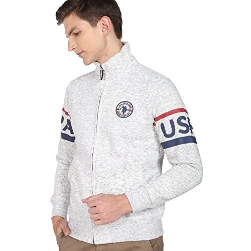 U.S. Polo Assn. Men Cotton Full Sleeve Regular Front Open High Neck Sweatshirt, L (Udsws0223_L_Lt. Grey)