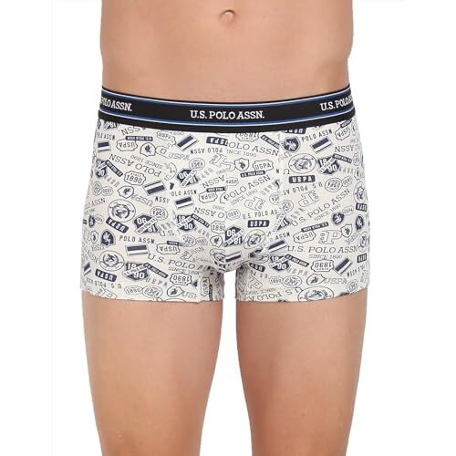 U.S. Polo Assn. Cotton Mens All Over Print Ribbed Jersey I616 Trunks - Pack Of 1 (Ivory-Uspa-Aop M)
