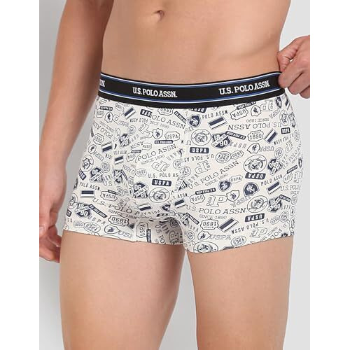 U.S. Polo Assn. Cotton Mens All Over Print Ribbed Jersey I616 Trunks - Pack Of 1 (Ivory-Uspa-Aop M)