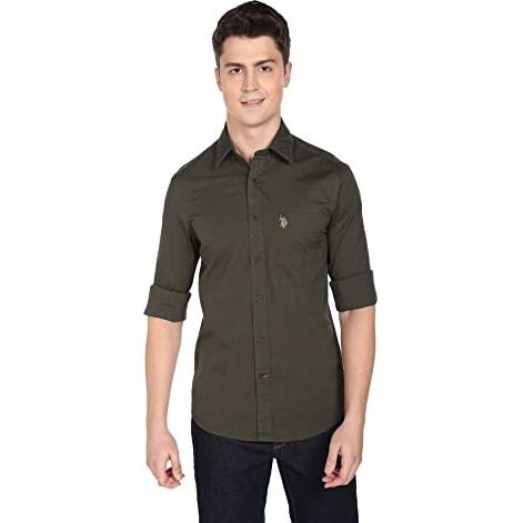 U.S. Polo Assn. Men's Solid Slim Fit Shirt (Usshtc0057_Olive L)