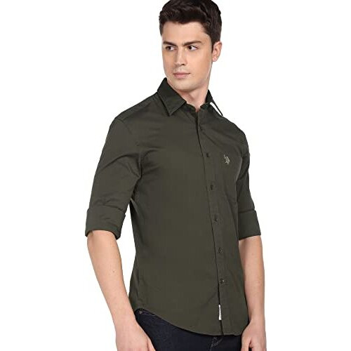 U.S. Polo Assn. Men's Solid Slim Fit Shirt (Usshtc0057_Olive L)