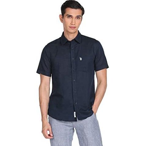 U.S. Polo Assn. Men's Solid Cotton Linen Tailored Fit Spread Collar Half Sleeve Casual Shirt (Usshtc0069H_Navy_M)
