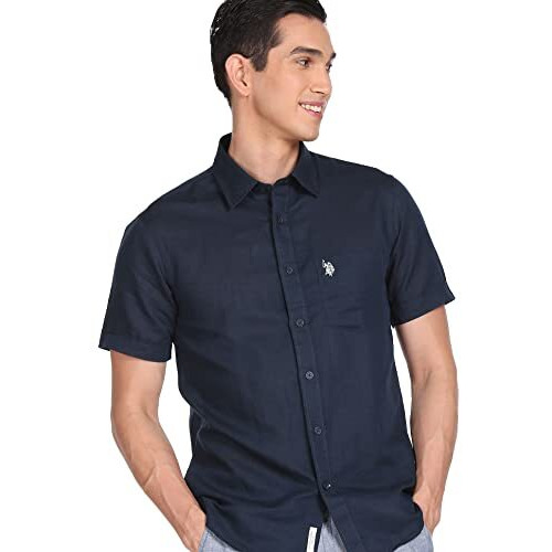 U.S. Polo Assn. Men's Solid Cotton Linen Tailored Fit Spread Collar Half Sleeve Casual Shirt (Usshtc0069H_Navy_M)