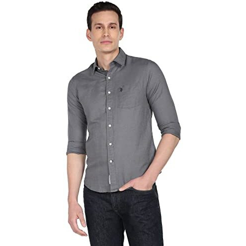 U.S. Polo Assn. Men's Solid Cotton Linen Tailored Fit Spread Collar Casual Shirt (Usshtc0073_Grey_Xl)