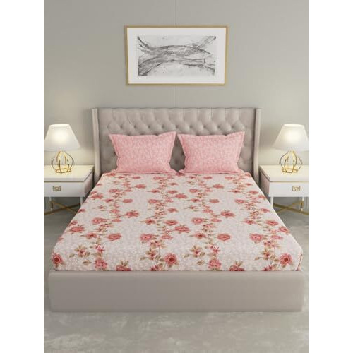 Raymond Home Mystique Double Bedsheet 110 Tc, Cotton Rich Bedsheet With 2 Pillow Covers (Queen, Peach)