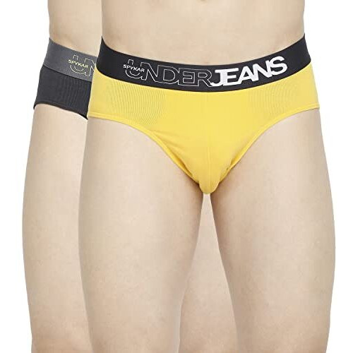 Underjeans Cotton Blend Men Premium Yellow & Darkgrey Pack Of 2 Regular Fit Solid Brief (Ujepbc055Yellowdkgrey Dk.Grey_L)