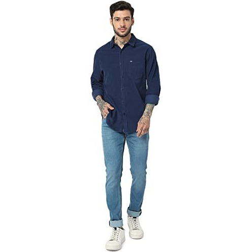 Spykar Men Solid Full Sleeve Slim Fit Shirt Indigo Blue
