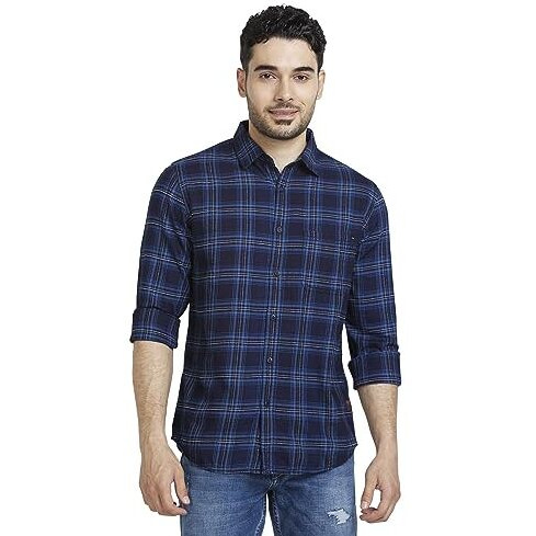 Spykar Men Indigo Blue Cotton Regular Slim Fit Full Sleeve Checkered Shirt