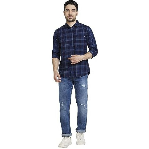 Spykar Men Indigo Blue Cotton Regular Slim Fit Full Sleeve Checkered Shirt