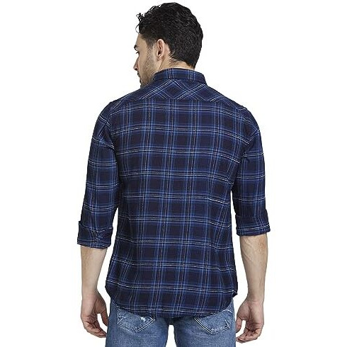 Spykar Men Indigo Blue Cotton Regular Slim Fit Full Sleeve Checkered Shirt