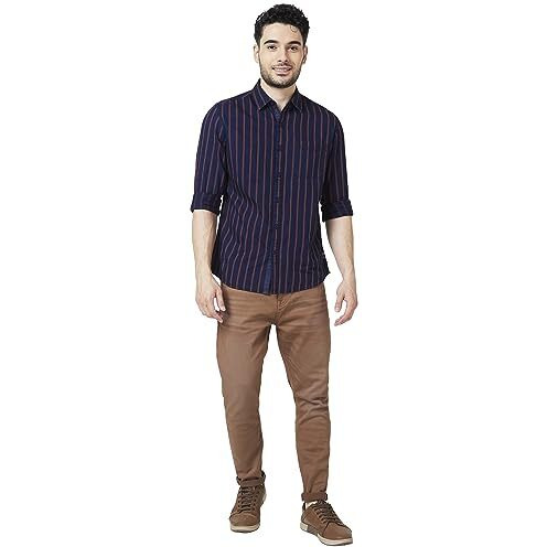 Spykar Men Red Cotton Slim Fit Full Sleeve Striped Shirt