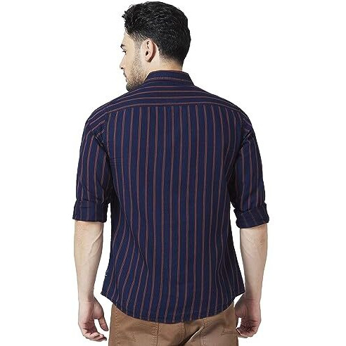 Spykar Men Red Cotton Slim Fit Full Sleeve Striped Shirt