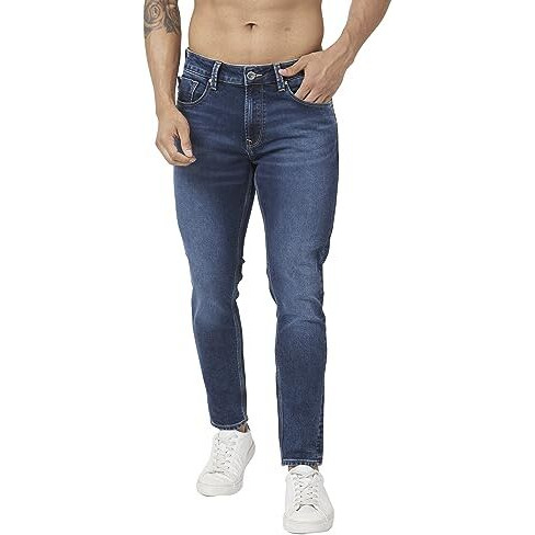 Spykar Men Dark Blue Cotton Stretch Slim Fit Tapered Length Clean Look Mid Rise Jeans (Kano)