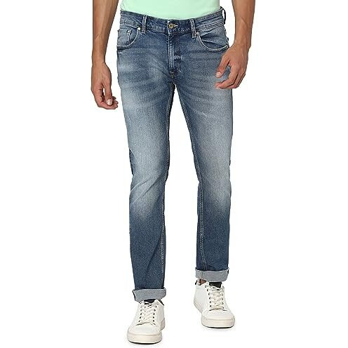 Spykar Men Light Blue Cotton Regular Fit Narrow Length Clean Look Mid Rise Stretchable Jeans (Rover)