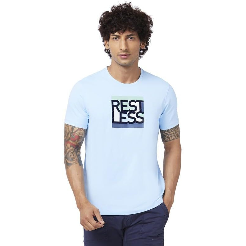 Spykar Men Powder Blue Blended Slim Fit Half Sleeve Round Neck Printed Tshirt