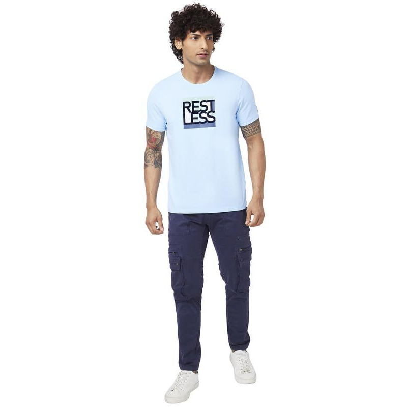 Spykar Men Powder Blue Blended Slim Fit Half Sleeve Round Neck Printed Tshirt