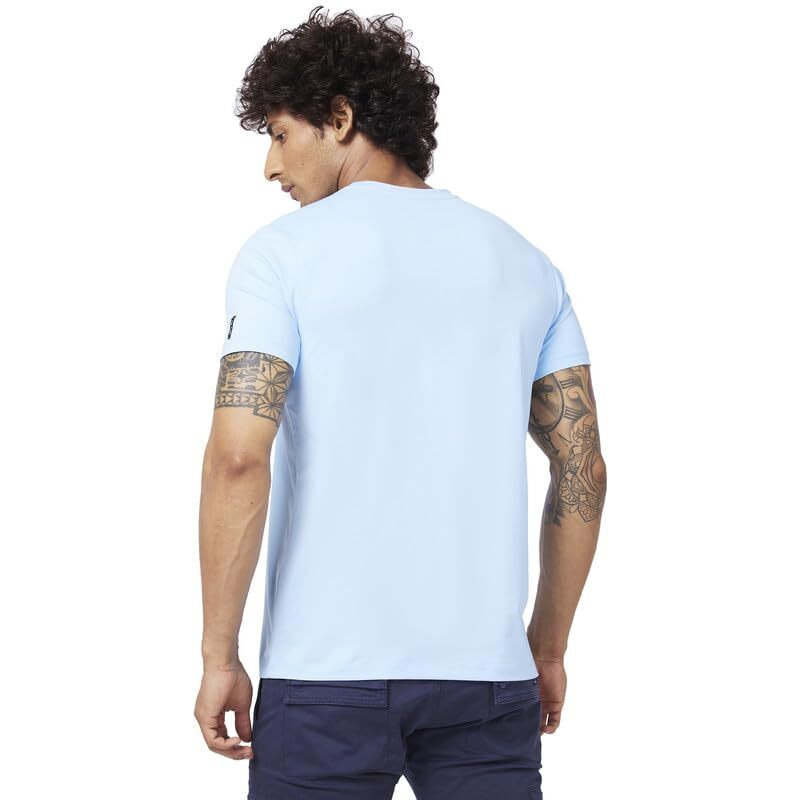Spykar Men Powder Blue Blended Slim Fit Half Sleeve Round Neck Printed Tshirt