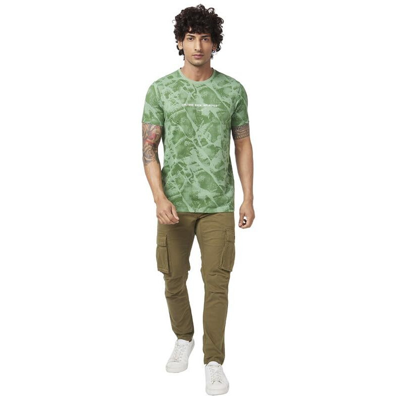 Spykar Men Sage Green Blended Slim Fit Half Sleeve Round Neck Printed Tshirt