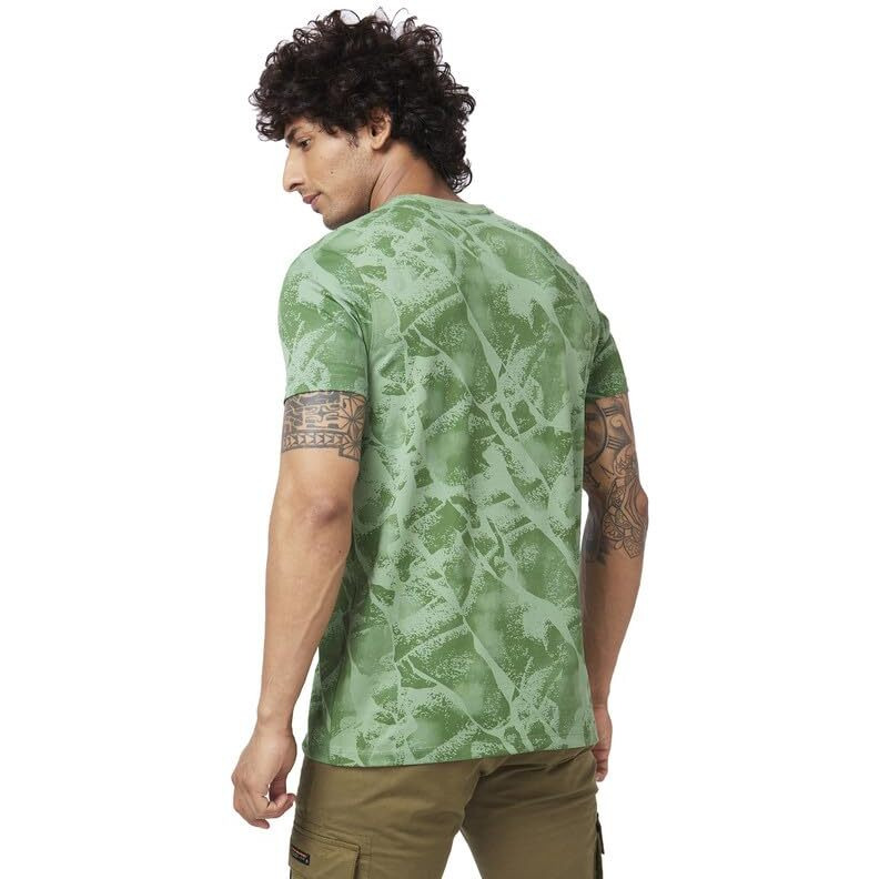 Spykar Men Sage Green Blended Slim Fit Half Sleeve Round Neck Printed Tshirt