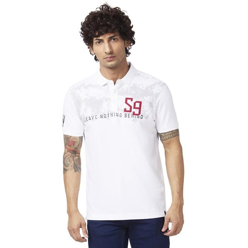 Spykar Men White Blended Slim Fit Half Sleeve Polo Neck Printed Tshirt