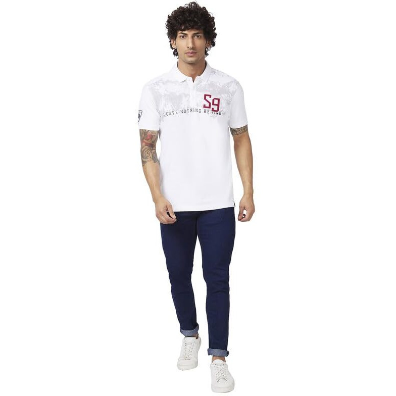 Spykar Men White Blended Slim Fit Half Sleeve Polo Neck Printed Tshirt