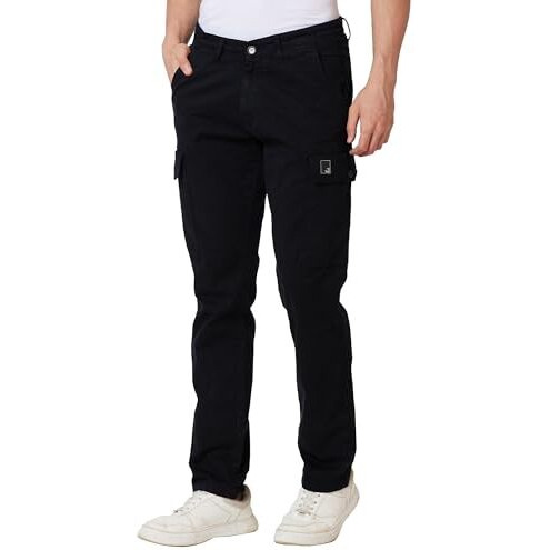 Spykar Men Solid Regular Fit Mid Rise Cargos Black, 32