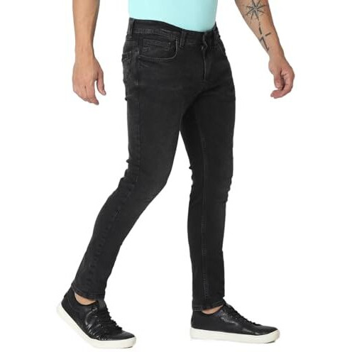 Spykar Men's Kano Slim Fit Mid Rise Jeans (Ankle Length) Charcoal Black, 32