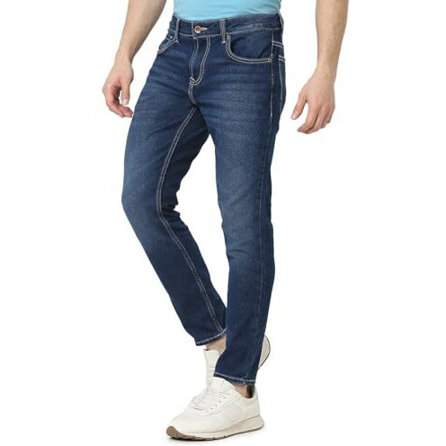 Spykar Men's Kano Slim Fit Mid Rise Jeans (Ankle Length), Blue, 34
