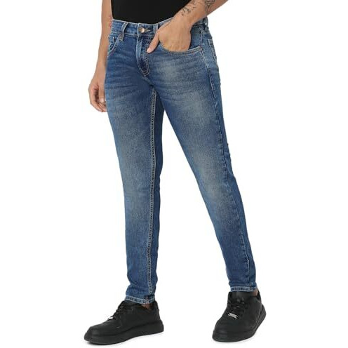 Spykar Men's Super Skinny Low Rise Jeans Mid Blue