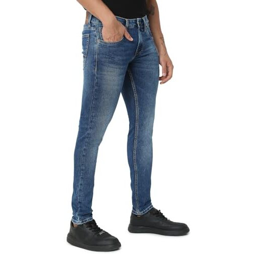 Spykar Men's Super Skinny Low Rise Jeans Mid Blue