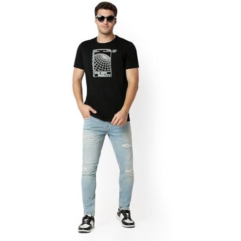 Spykar Men Black Slim Fit Solid Casual T-Shirt (Size L)-Emktcp1Bd004-Black