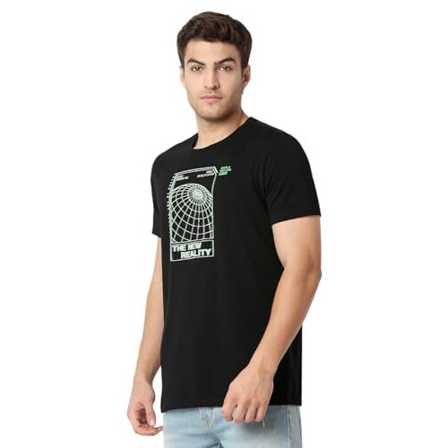 Spykar Men Black Slim Fit Solid Casual T-Shirt (Size L)-Emktcp1Bd004-Black