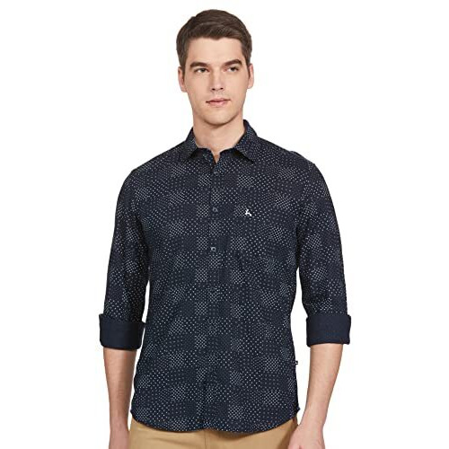 Parx Men's Cotton Print Slim Shirt (Xmss08579-B8_Blue S)