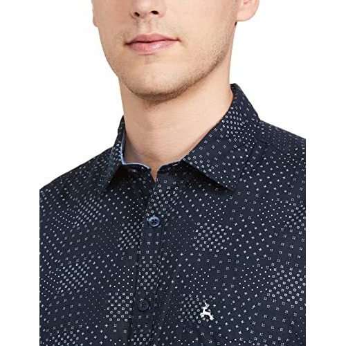 Parx Men's Cotton Print Slim Shirt (Xmss08579-B8_Blue S)